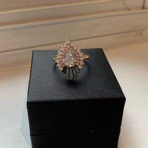 Pear Moissanite, Pink Sapphire, Black Baguette Moissanite 14K Rose Gold ring